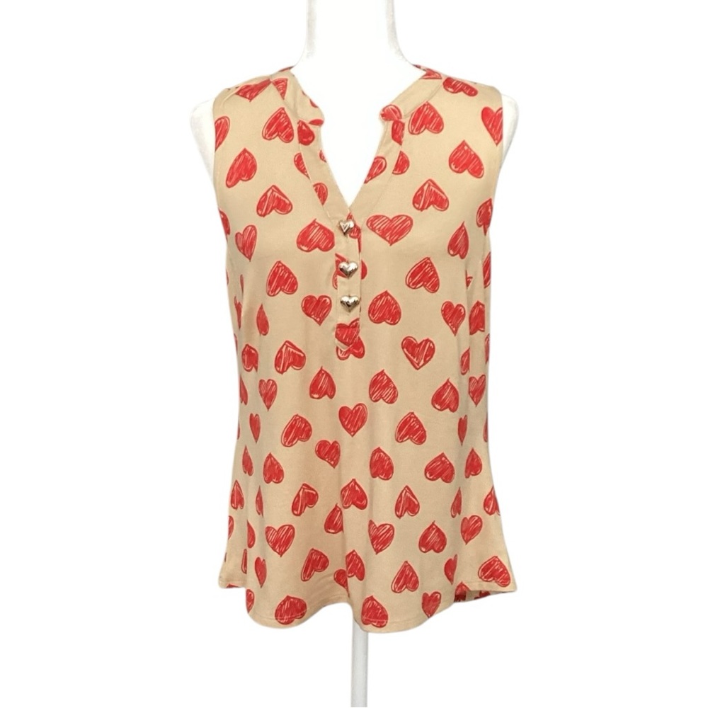 Alex & Parker Beige Sleeveless Top with Red Heart Pattern